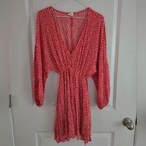 By Together Red V-Neck Long Sleeve Mini Dress with White Print